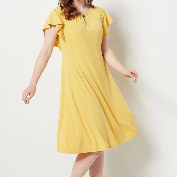 Susan Graver Liquid Knit Midi Dress Sz 1X Yellow Flutter Sleeve Loose Flowy - Picture 1 of 9